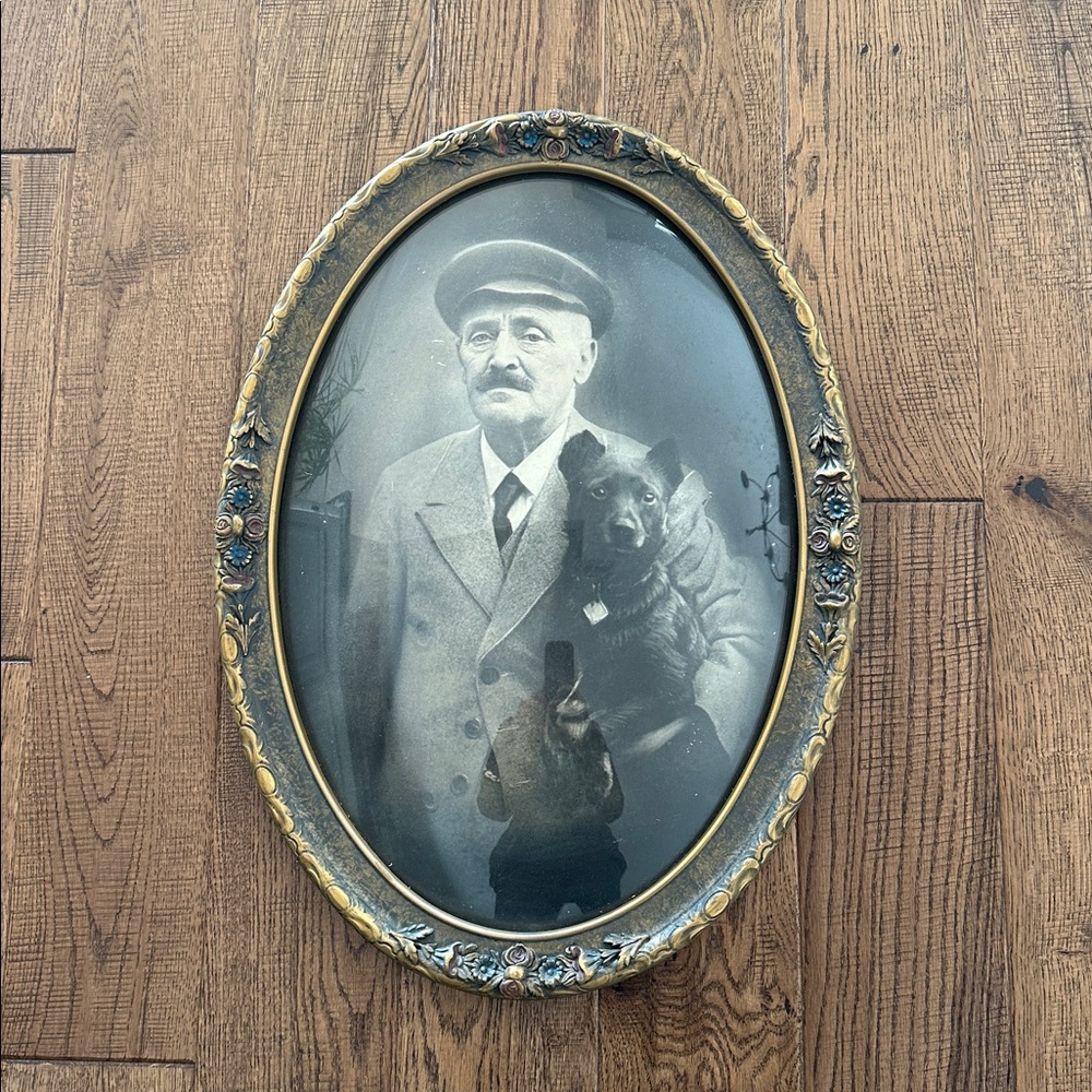 Vintage Oval Framed Portrait with Dog